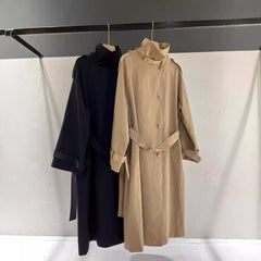 Elegant Long Trench Coat for Women with High Stand Collar Long Sleeve Belted Maxi Style