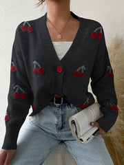 Cozy Knit Cardigan for Women with V Neck Long Sleeve Cherry Print Button Front Style