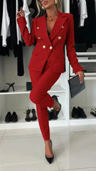 Elegant Blazer Flared Pants Set for Women with Notched Lapel Long Sleeve Double Breasted Suit Style