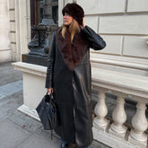 Elegant Black Faux Leather Maxi Coat for Women with Faux Fur Collar Long Sleeve Tie Belt Removable Style