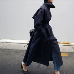 Classic Long Winter Trench Coat for Women with Stand Collar Long Sleeve Belted Overcoat Style