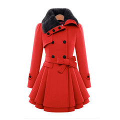 Elegant Winter Trench Coat for Women with Faux Fur Collar Long Sleeve Double Breasted Belted Peplum Style