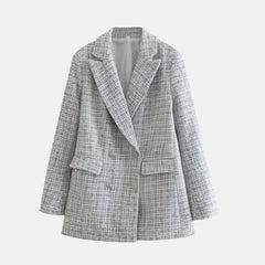 Elegant Tweed Blazer Jacket for Women with Peak Lapel Long Sleeve Double Breasted Fitted Style