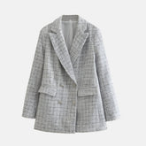 Elegant Tweed Blazer Jacket for Women with Peak Lapel Long Sleeve Double Breasted Fitted Style