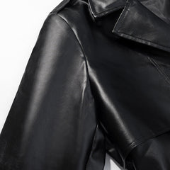 Elegant Black Faux Leather Trench Coat for Women with Notched Lapel Long Sleeve Belted Epaulette Maxi Style