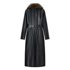 Elegant Black Faux Leather Maxi Coat for Women with Faux Fur Collar Long Sleeve Tie Belt Removable Style