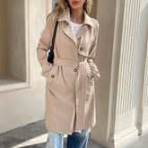 Cozy Khaki Trench Coat for Women with Notched Lapel Long Sleeve Double Breasted Cropped Style