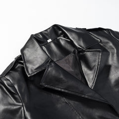 Elegant Black Faux Leather Trench Coat for Women with Notched Lapel Long Sleeve Belted Epaulette Maxi Style