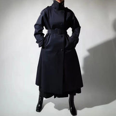 Elegant Long Trench Coat for Women with High Stand Collar Long Sleeve Belted Maxi Style