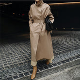 Classic Long Winter Trench Coat for Women with Stand Collar Long Sleeve Belted Overcoat Style