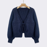 Cozy Chunky Cable Knit Cardigan for Women with V Neck Long Sleeve Tie Front Cropped Style