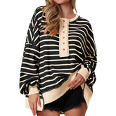 Cozy Oversized Sweatshirt for Women with Button Neck Long Sleeve Striped Relaxed Style