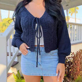 Cozy Cable Knit Cardigan for Women with V Neck Long Sleeve Tie Front Cropped Style