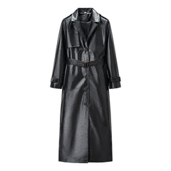 Elegant Black Faux Leather Trench Coat for Women with Notched Lapel Long Sleeve Belted Epaulette Maxi Style