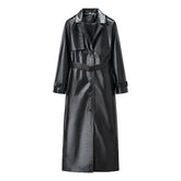 Elegant Black Faux Leather Trench Coat for Women with Notched Lapel Long Sleeve Belted Epaulette Maxi Style