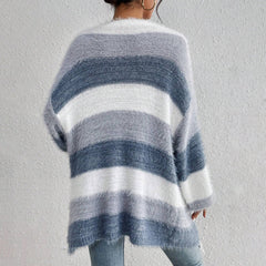 Cozy Fuzzy Knit Cardigan for Women with Open Front Long Sleeve Striped Oversized Style