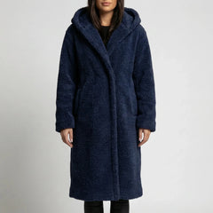 Cozy Teddy Coat for Women with Hooded Collar Long Sleeve Button Front Faux Fur Longline Style