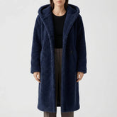 Cozy Teddy Coat for Women with Hooded Collar Long Sleeve Button Front Faux Fur Longline Style