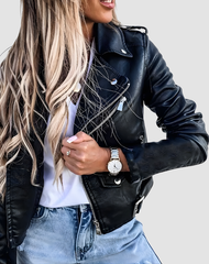 Edgy Leather Jacket for Women with Notched Lapel Long Sleeve Zip Front Belted Biker Style