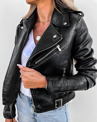 Edgy Leather Jacket for Women with Notched Lapel Long Sleeve Zip Front Belted Biker Style