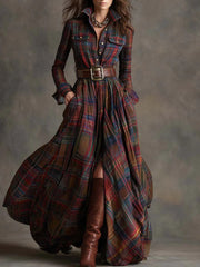 Effortless Plaid Maxi Shirt Dress for Women with Belted Flowing Style