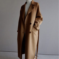 Cozy Wool Trench Coat for Women with Notched Lapel Long Sleeve Tie Belt Oversized Style