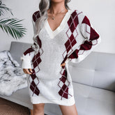 Cozy Argyle Knit Sweater Dress for Women with V Neck Long Sleeve Oversized Pullover Style