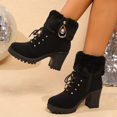 Stylish Faux Fur Boots for Women with Lace Up Rhinestone Block Heel Winter Style