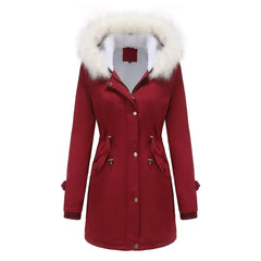 Cozy Faux Fur Trim Parka Jacket for Women with Hooded Long Sleeve Drawstring Waist Relaxed Style