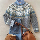Cozy Grey Fair Isle Knit Sweater for Women with Crew Neck Long Sleeve Nordic Pullover Winter Style