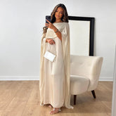 Elegant Satin Maxi Dress for Women with Boat Neck Cape Sleeve Flowing Kaftan Style