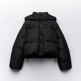 Cozy Black Puffer Jacket for Women with Hooded Collar Long Sleeve Snap Front Cropped Style