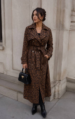 Chic Leopard Print Trench Coat for Women with Notched Lapel Long Sleeve Double Breasted Belted Style