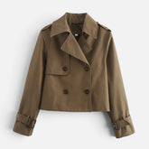 Elegant Cropped Trench Jacket for Women with Notch Lapel Long Sleeve Double Breasted Belted Cuff Style