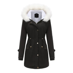 Cozy Faux Fur Trim Parka Jacket for Women with Hooded Long Sleeve Drawstring Waist Relaxed Style