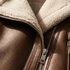 Warm Aviator Jacket for Women with Suede Collar Long Sleeve Zip Up Faux Shearling Belted Style