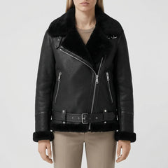 Warm Aviator Jacket for Women with Suede Collar Long Sleeve Zip Up Faux Shearling Belted Style