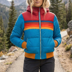 Chic Puffer Jacket for Women with Hooded Collar Long Sleeve Zip Up Colorblock Padded Style