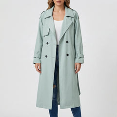 Classic Winter Trench Coat for Women with Notched Lapel Long Sleeve Double Breasted Belted Longline Style