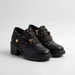 Women's Tweed Ankle Boots Block Heel Bow Zip Cap Toe Lug Sole Slip-On Booties