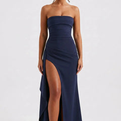 Sexy Maxi Dress for Women with Strapless Sleeveless Ruched Bodycon High Slit Cocktail Style