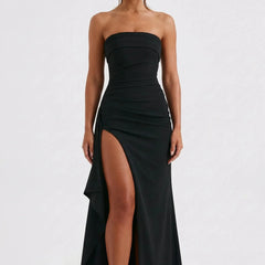 Sexy Maxi Dress for Women with Strapless Sleeveless Ruched Bodycon High Slit Cocktail Style