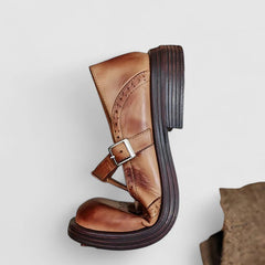 Comfortable Leather Mary Jane Shoes for Women with Round Toe T Strap Brogue Non Slip Flat Style