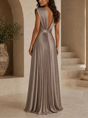 Elegant Taupe Satin Maxi Dress for Women with V Neck Pleated Rosette Waist Sleeveless Formal Style