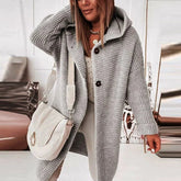 Cozy Long Knit Cardigan for Women with Hooded Collar Long Sleeve Open Front Chunky Longline Style