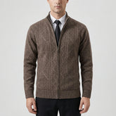 Cozy Cable Knit Cardigan for Men with Stand Collar Long Sleeve Full Zip Textured Business Style