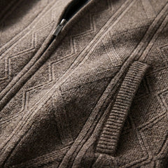 Cozy Cable Knit Cardigan for Men with Stand Collar Long Sleeve Full Zip Textured Business Style