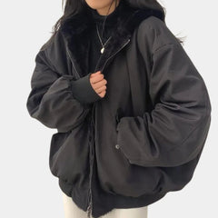 Cozy Bomber Jacket for Women with Hooded Collar Long Sleeve Zip Up Faux Fur Lined Oversized Style