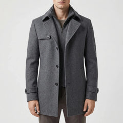 Elegant Wool Coat for Men with Notch Lapel Long Sleeve Single Breasted Layered Collar Style
