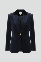 Refined Navy Velvet Blazer for Women with Peak Lapel Single Button Fitted Tailored Evening Style